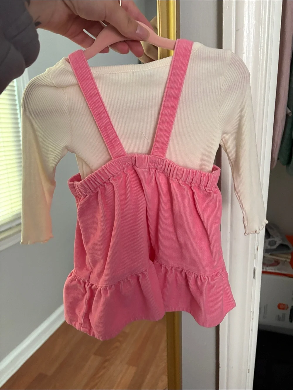 Old Navy Pink Corduroy Pinafore Dress with Cream Top